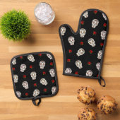 RAB Rockabilly Sugar Skulls Rozen op zwart Ovenwant & Pannenlap Set (Top down)