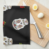 RAB Rockabilly Sugar Skulls Rozen op zwart Theedoek (Quarter Fold)