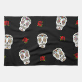 RAB Rockabilly Sugar Skulls Rozen op zwart Theedoek (Horizontaal)