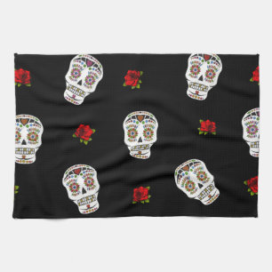 RAB Rockabilly Sugar Skulls Rozen op zwart Theedoek