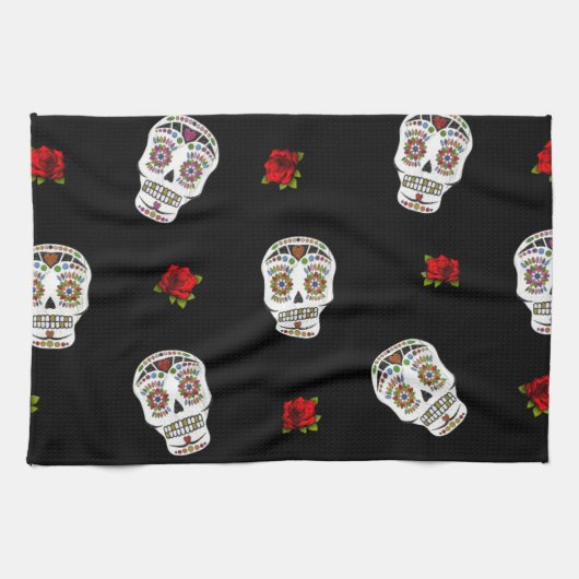 RAB Rockabilly Sugar Skulls Rozen op zwart Theedoek (Horizontaal)