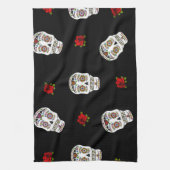 RAB Rockabilly Sugar Skulls Rozen op zwart Theedoek (Verticaal)