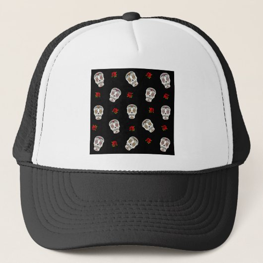 RAB Rockabilly Sugar Skulls Rozen op zwart Trucker Pet (Voorkant)
