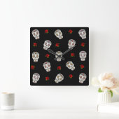 RAB Rockabilly Sugar Skulls Rozen op zwart Vierkante Klok (Huis)