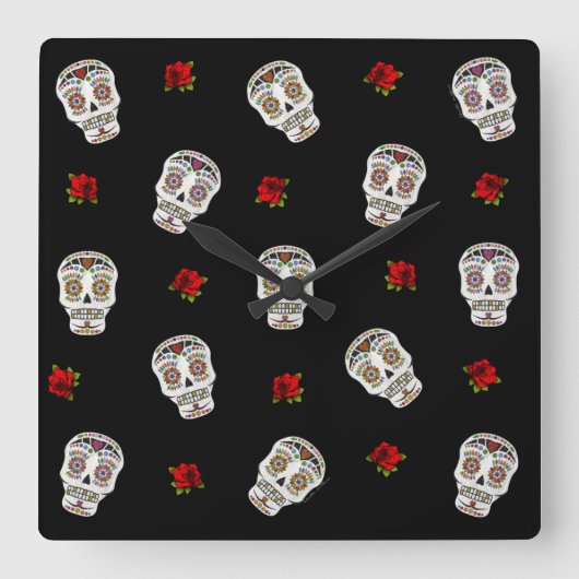 RAB Rockabilly Sugar Skulls Rozen op zwart Vierkante Klok (Voorkant)