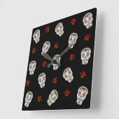 RAB Rockabilly Sugar Skulls Rozen op zwart Vierkante Klok (Hoek)