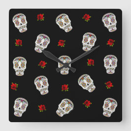 RAB Rockabilly Sugar Skulls Rozen op zwart Vierkante Klok