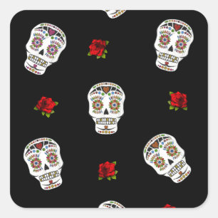 RAB Rockabilly Sugar Skulls Rozen op zwart Vierkante Sticker