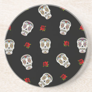 RAB Rockabilly Sugar Skulls Rozen op zwart Zandsteen Onderzetter