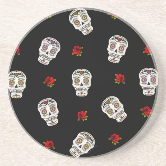 RAB Rockabilly Sugar Skulls Rozen op zwart Zandsteen Onderzetter (Voorkant)