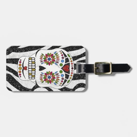 RAB Rockabilly Suiker Schedel op Zebraprint Bagagelabel (Voorkant horizontaal)