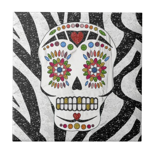 RAB Rockabilly Suiker Schedel op Zebraprint Tegeltje (Voorkant)