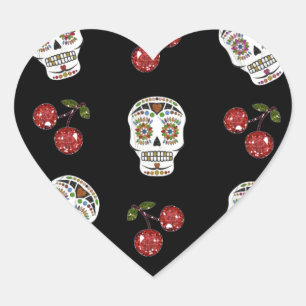 RAB Rockabilly Suiker Schedels Kersen Op Zwart Hart Sticker