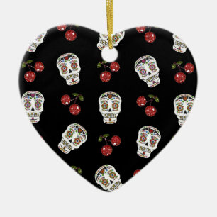 RAB Rockabilly Suiker Schedels Kersen Op Zwart Keramisch Ornament