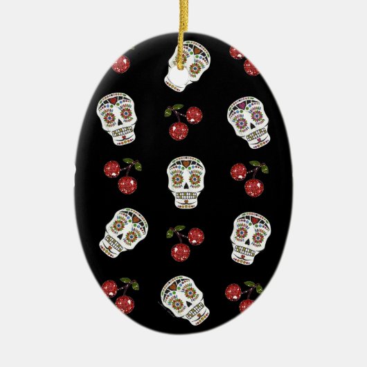 RAB Rockabilly Suiker Schedels Kersen Op Zwart Keramisch Ornament (Voorkant)