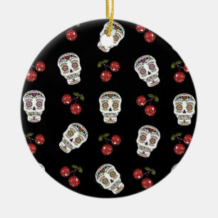 RAB Rockabilly Suiker Schedels Kersen Op Zwart Keramisch Ornament