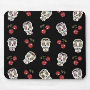 RAB Rockabilly Suiker Schedels Kersen Op Zwart Muismat