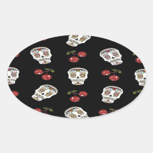 RAB Rockabilly Suiker Schedels Kersen Op Zwart Ovale Sticker