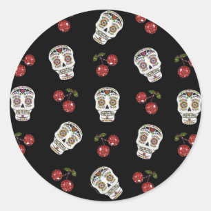 RAB Rockabilly Suiker Schedels Kersen Op Zwart Ronde Sticker