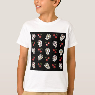 RAB Rockabilly Suiker Schedels Kersen Op Zwart T-shirt