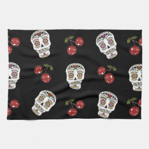 RAB Rockabilly Suiker Schedels Kersen Op Zwart Theedoek