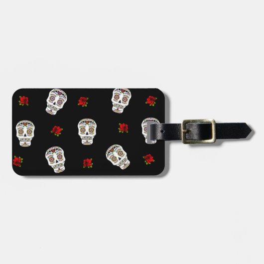 RAB Rockabilly Suiker Schedels Rozen Op Zwart Bagagelabel (Voorkant horizontaal)