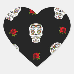 RAB Rockabilly Suiker Schedels Rozen Op Zwart Hart Sticker