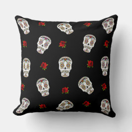 RAB Rockabilly Suiker Schedels Rozen Op Zwart Kussen