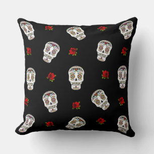 RAB Rockabilly Suiker Schedels Rozen Op Zwart Kussen