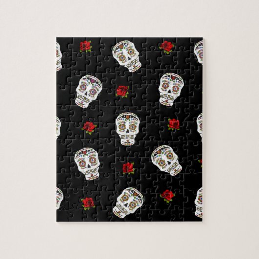 RAB Rockabilly Suiker Schedels Rozen Op Zwart Legpuzzel (Verticaal)