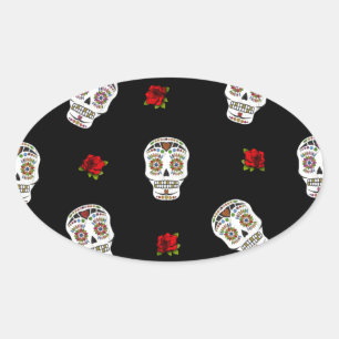 RAB Rockabilly Suiker Schedels Rozen Op Zwart Ovale Sticker