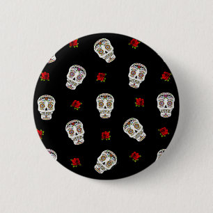 RAB Rockabilly Suiker Schedels Rozen Op Zwart Ronde Button 5,7 Cm