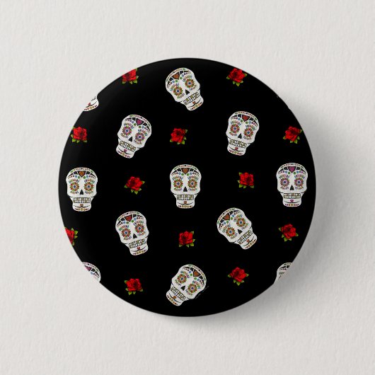 RAB Rockabilly Suiker Schedels Rozen Op Zwart Ronde Button 5,7 Cm (Voorkant)