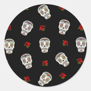 RAB Rockabilly Suiker Schedels Rozen Op Zwart Ronde Sticker