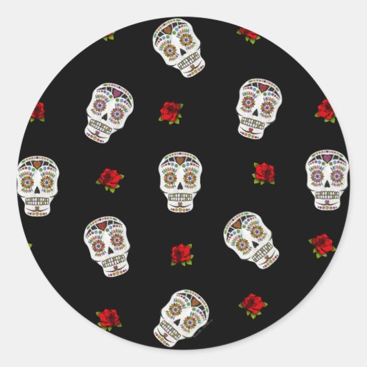 RAB Rockabilly Suiker Schedels Rozen Op Zwart Ronde Sticker (Voorkant)