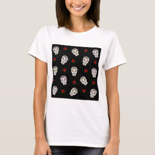 RAB Rockabilly Suiker Schedels Rozen Op Zwart T-shirt