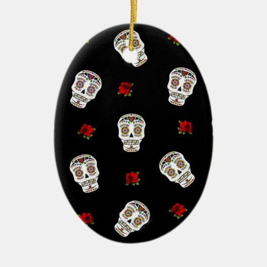 RAB Rockabilly Suiker Schedels Rozen Op Zwarte Keramisch Ornament (Voorkant)