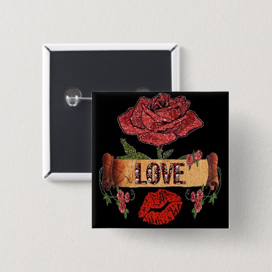 RAB Rockabilly Valentijn Rozen, Love & Lipstick Vierkante Button 5,1 Cm (Voorkant /achterkant)