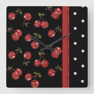 RAB Rockabilly Zeer Cherry Cherries Black Vierkante Klok