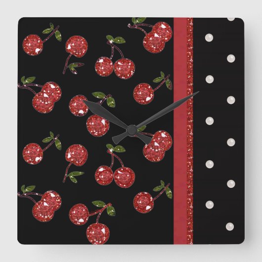 RAB Rockabilly Zeer Cherry Cherries Black Vierkante Klok (Voorkant)