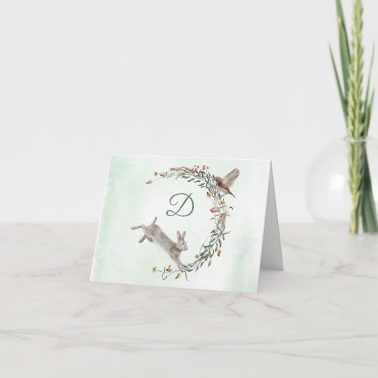 Rabbit and Bird Monogram Wreath Kaart (Voorkant)
