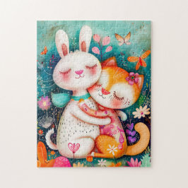Rabbit and Cat Hugging each other with butterflys  Legpuzzel