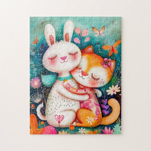 Rabbit and Cat Hugging each other with butterflys  Legpuzzel (Verticaal)