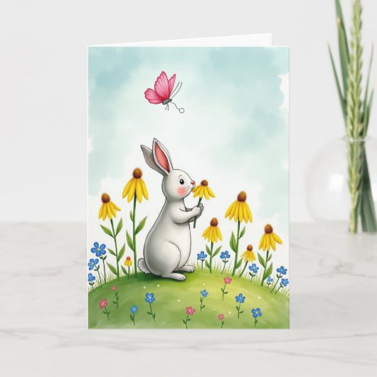 Rabbit And Flowers Cute Scene Card Kaart (Voorkant)