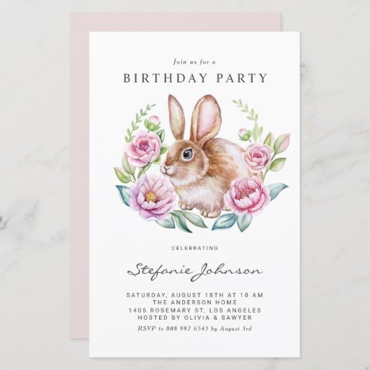 Rabbit and Pink Flowers Birthday Party Invitation (Voorkant / Achterkant)