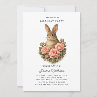 Rabbit and Pink Flowers Birthday Party Invitation Feestdagenkaart