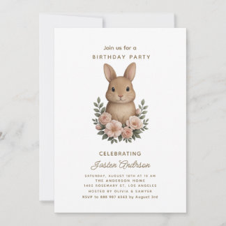 Rabbit and Pink Flowers Birthday Party Invitation Feestdagenkaart