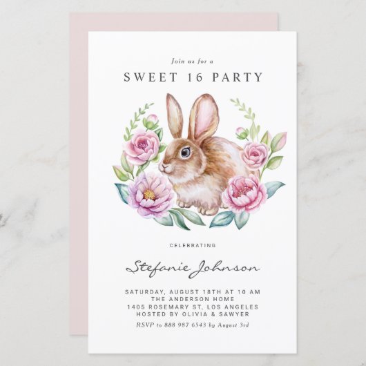 Rabbit and Pink Flowers Sweet 16 Party Invitation (Voorkant / Achterkant)