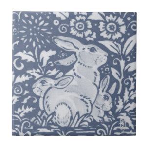 Rabbit & Babies Blue White Botanical Dedham Delft Tegeltje