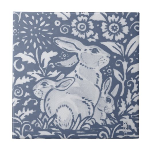 Rabbit & Babies Blue White Botanical Dedham Delft Tegeltje (Voorkant)